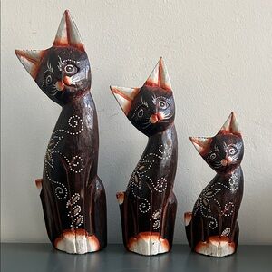 Handcrafted Wooden Cat Figurines - Brown and White
